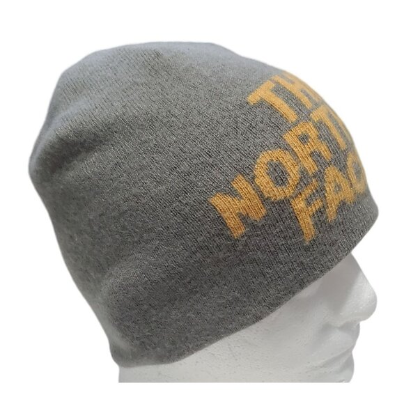 The North Face Beanie Hat Wool Blend Orange Grey Knit Logo Spell Out Winter Cap - Picture 3 of 9